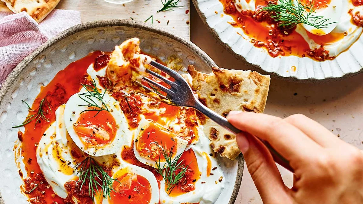 Soft-boiled eggs with Greek yogurt and harissa butter