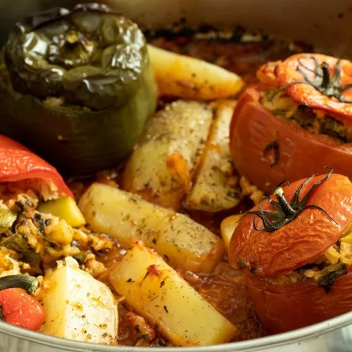 GEMISTA VEGETARIANO: PIMIENTOS Y TOMATES RELLENOS ASADOS