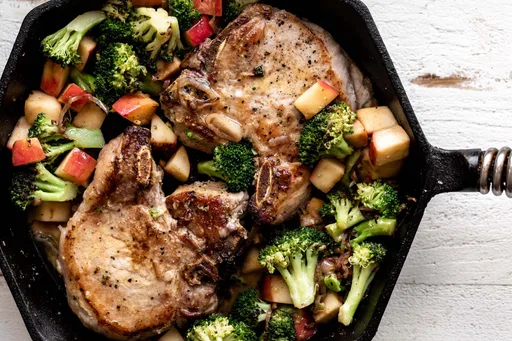 Pan-Seared Miso Butter Pork Chops with Sautéed Broccoli and Apples