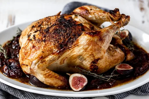 Roast Chicken with Caramelized Onions and Figs in a Port Wine Pan-Sauce