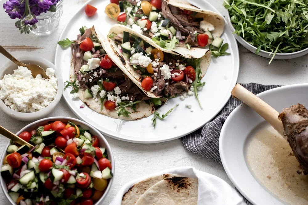 Shawarma-Spiced Roast Pulled Lamb Leg Tacos
