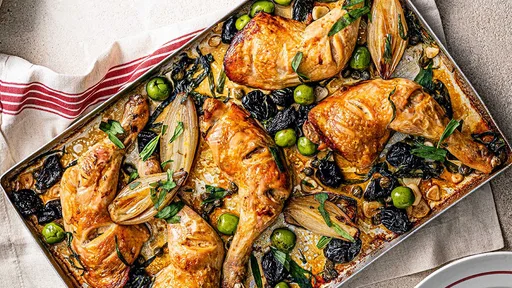 Chicken, prune and olive traybake