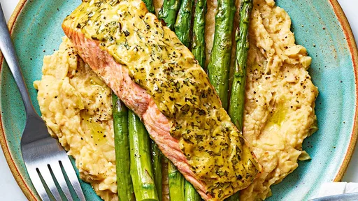 Dijon baked salmon with butter bean mash