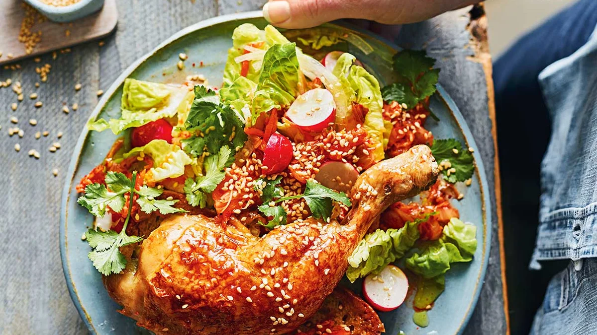 Kimchi-brined chicken legs and sourdough