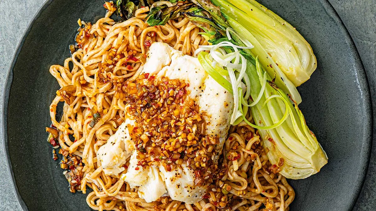 Roasted cod with sizzled ginger and chilli sauce