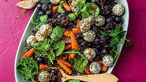 Roasted grape and lentil salad with seeded goat's cheese