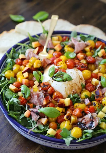 Ensalada Caprese con Burrata, Melocotón y Jamón Serrano