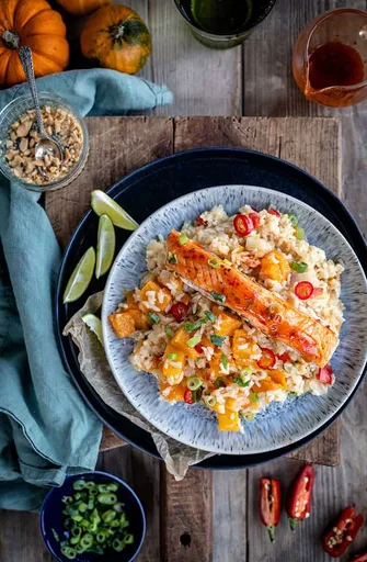 Arroz integral al coco con jengibre, lima y calabaza