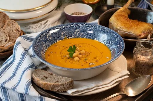 Crema de calabaza, boniato y garbanzos con gallina.