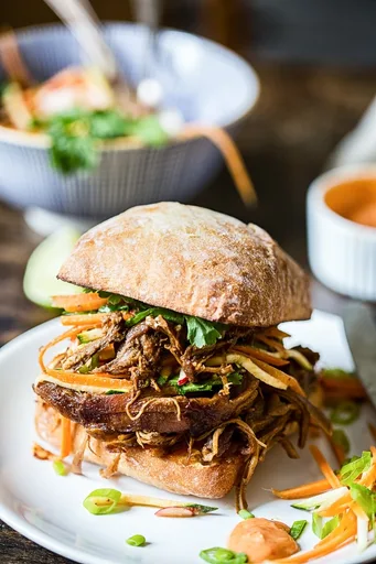 Asian Pulled Pork Sandwiches with Carrot, Zucchini and Radish Slaw