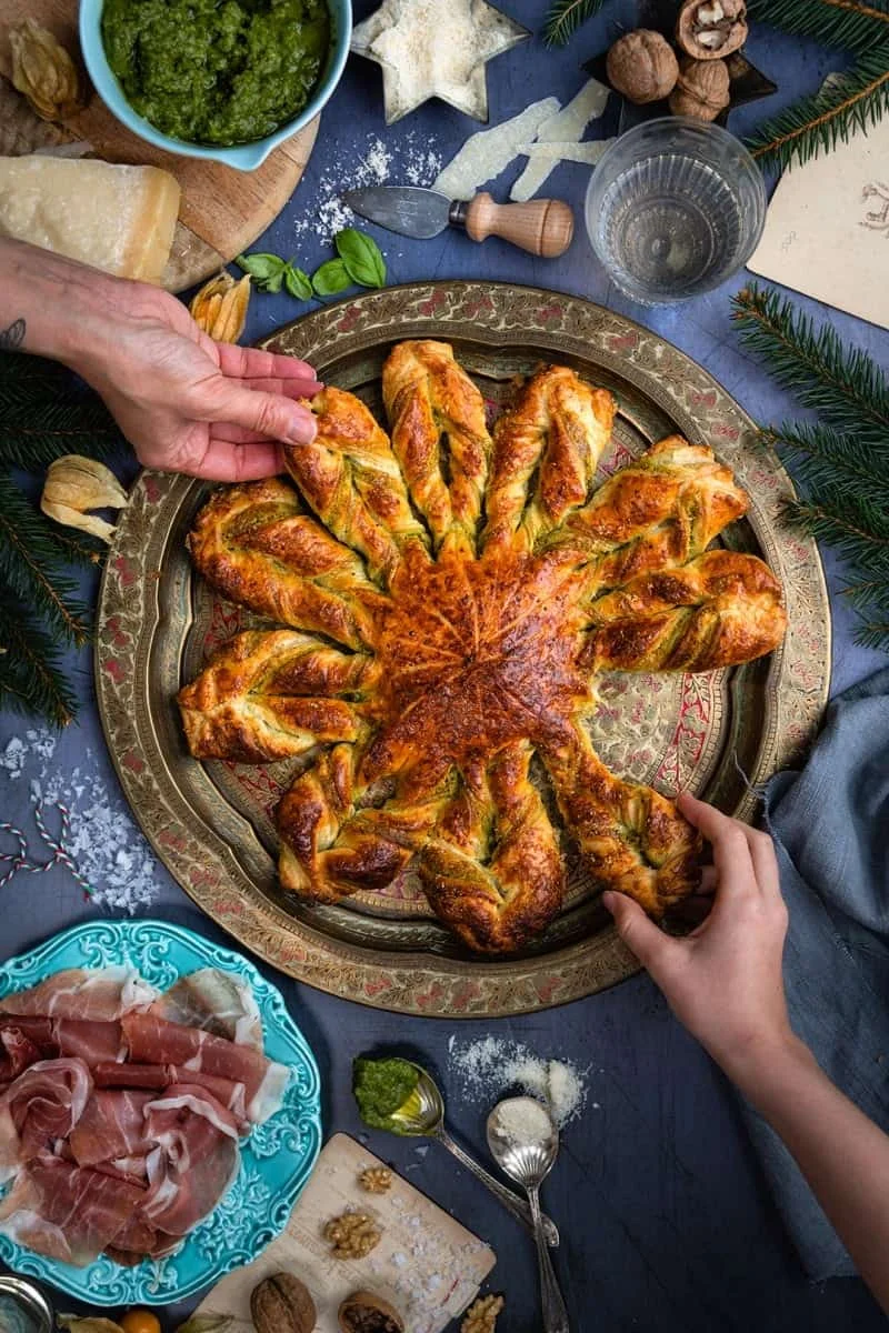 Puff pastry snowflake tart with walnut pesto