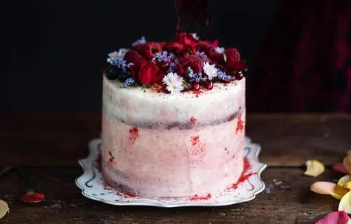 Red velvet layer cake with vanilla and strawberry frosting