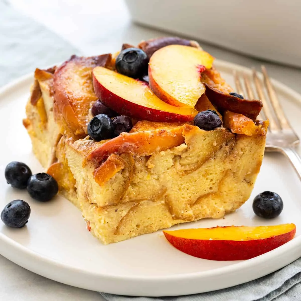 Blueberry Bread Pudding with Peaches