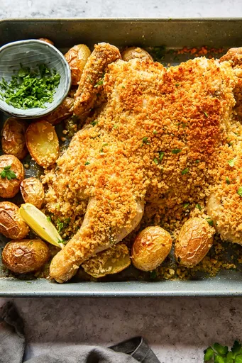 Spatchcock Roast Chicken in Breadcrumbs and Potatoes