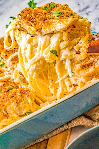 Baked Chicken Fettuccine Alfredo Casserole