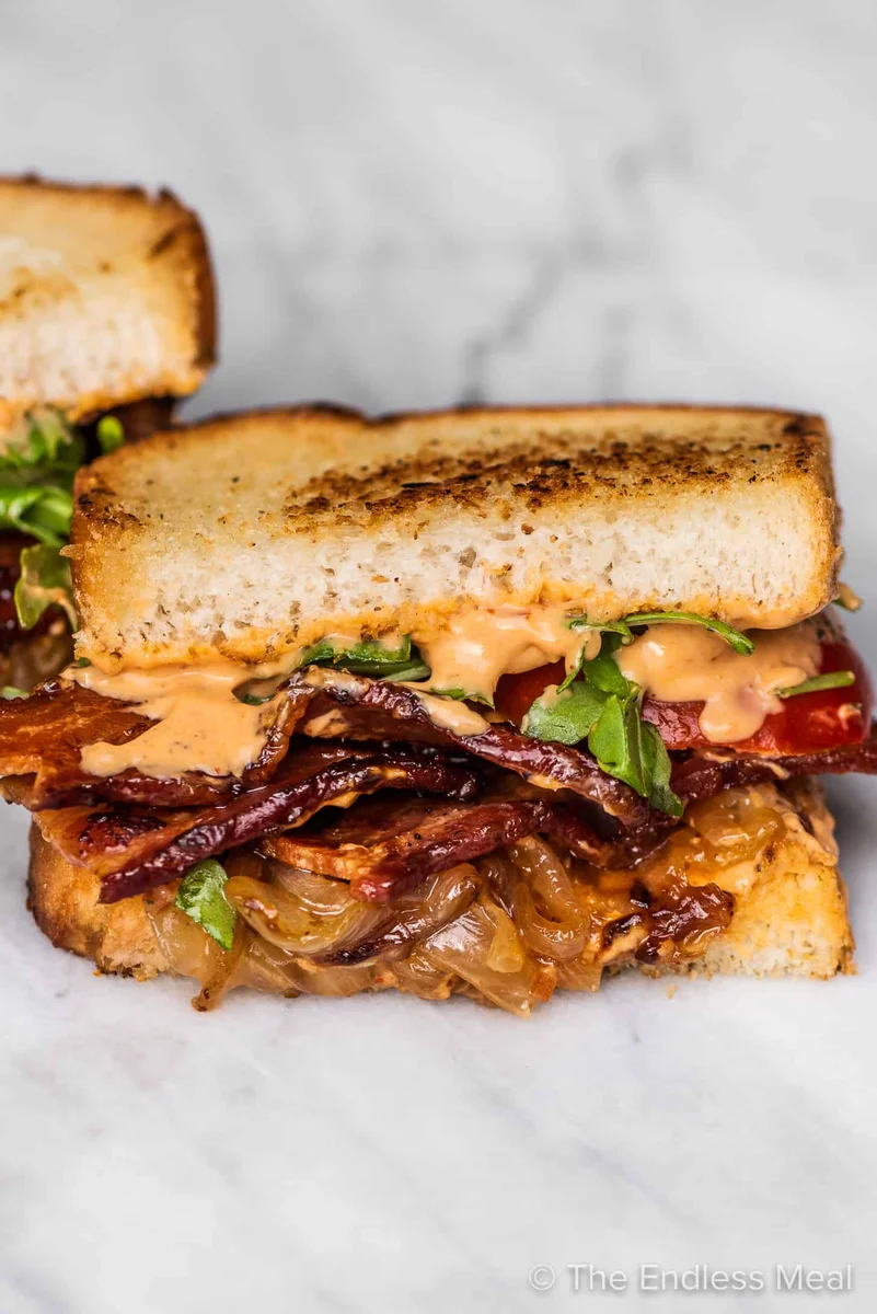 BEST Bacon Sandwich with Caramelized Onions & Chipotle Mayo