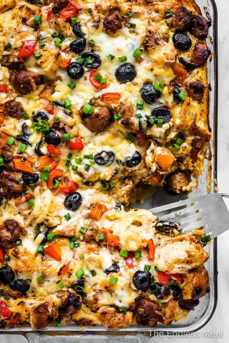 Spanish Breakfast Strata with Black Olives and Chorizo