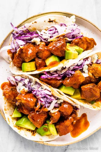 20 Minute Buffalo Chicken Tacos with Blue Cheese Slaw