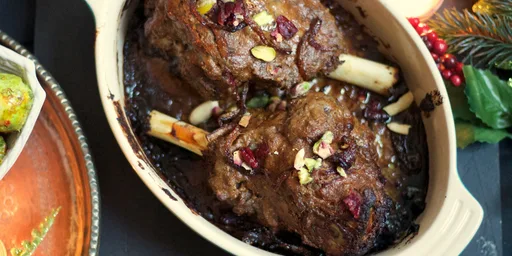 Kashmiri-style roast lamb shanks with cranberries, pistachios and almonds