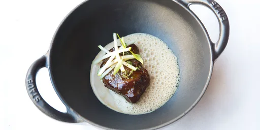 Lobster bisque, braised pork cheek and apple