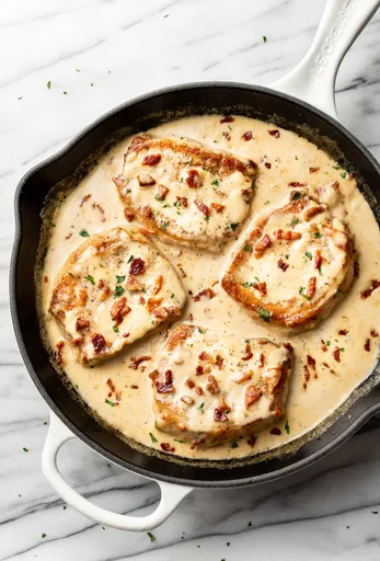 Chuletas de cerdo con salsa cremosa de beicon