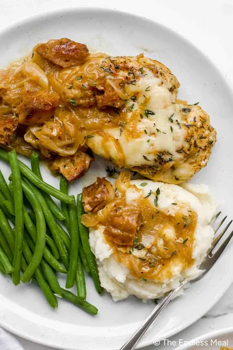 French Onion Chicken with Gruyère and Crispy Croutons