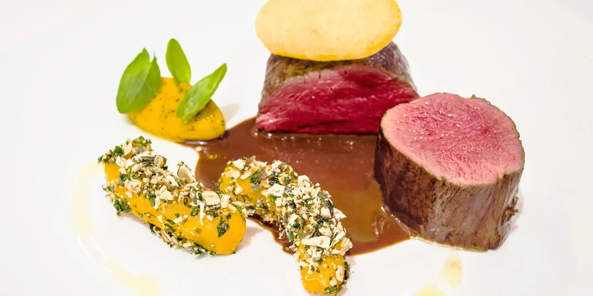 Fallow deer, pumpkin, passion fruit and smoked sauce grand veneur