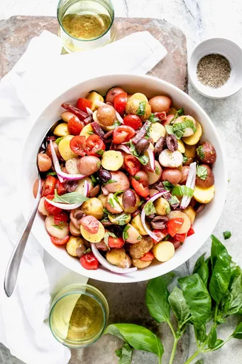 Italian Potato Salad with Olives, Salami, and Basil