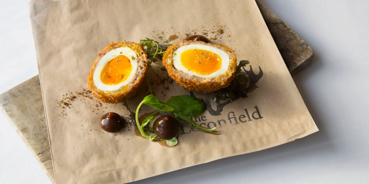 Chestnut and turkey Scotch egg with spiced plum ketchup