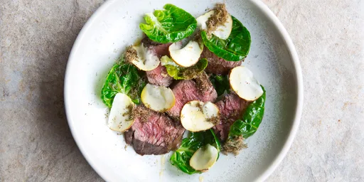 Venison loin with sprout tops, truffled honey and chestnuts