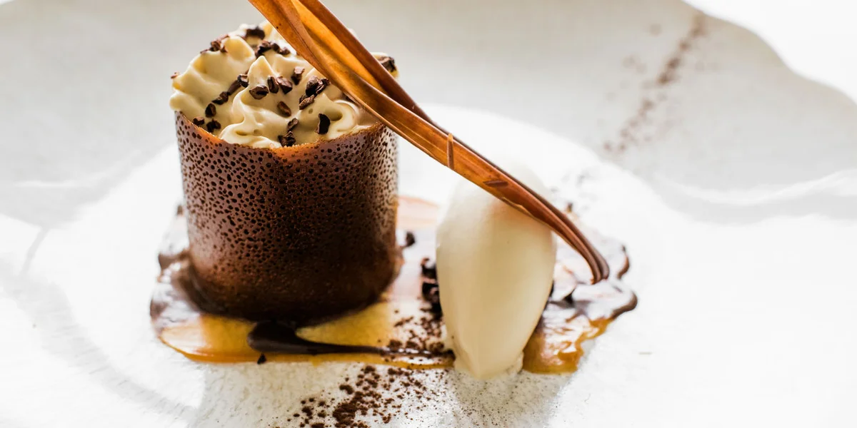 Whisky and chocolate cremeux with whisky ice cream, coffee and caramel