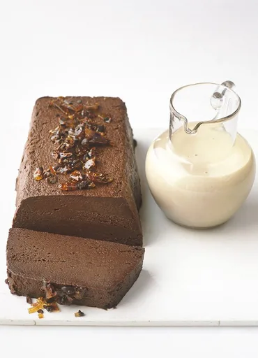 Chocolate marquise with coffee crème anglaise and cocoa nib praline