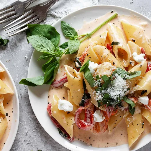 Pasta cremosa con tomates cherry y pimientos