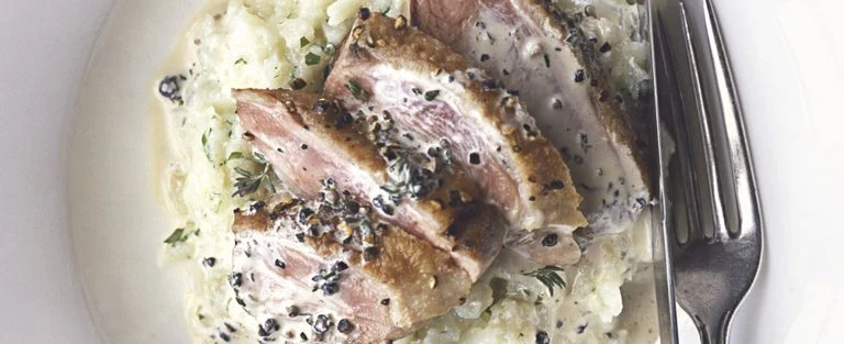 John Torode's peppered duck breast with celeriac mash and thyme