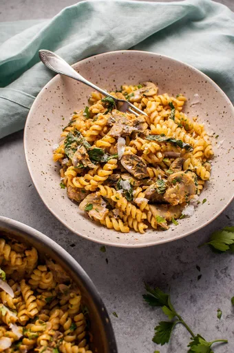 Pasta con Calabaza, Champiñones y Espinacas