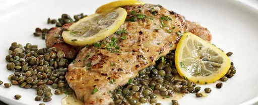 Lemon pork scallopine with lentils