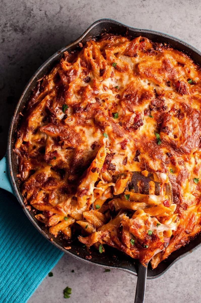 Skillet Baked Cheesy Bacon Penne