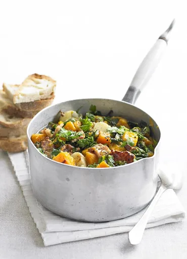 Kale, pumpkin and bacon stew
