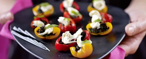 Peppadews stuffed with green olive tapenade and mozzarella