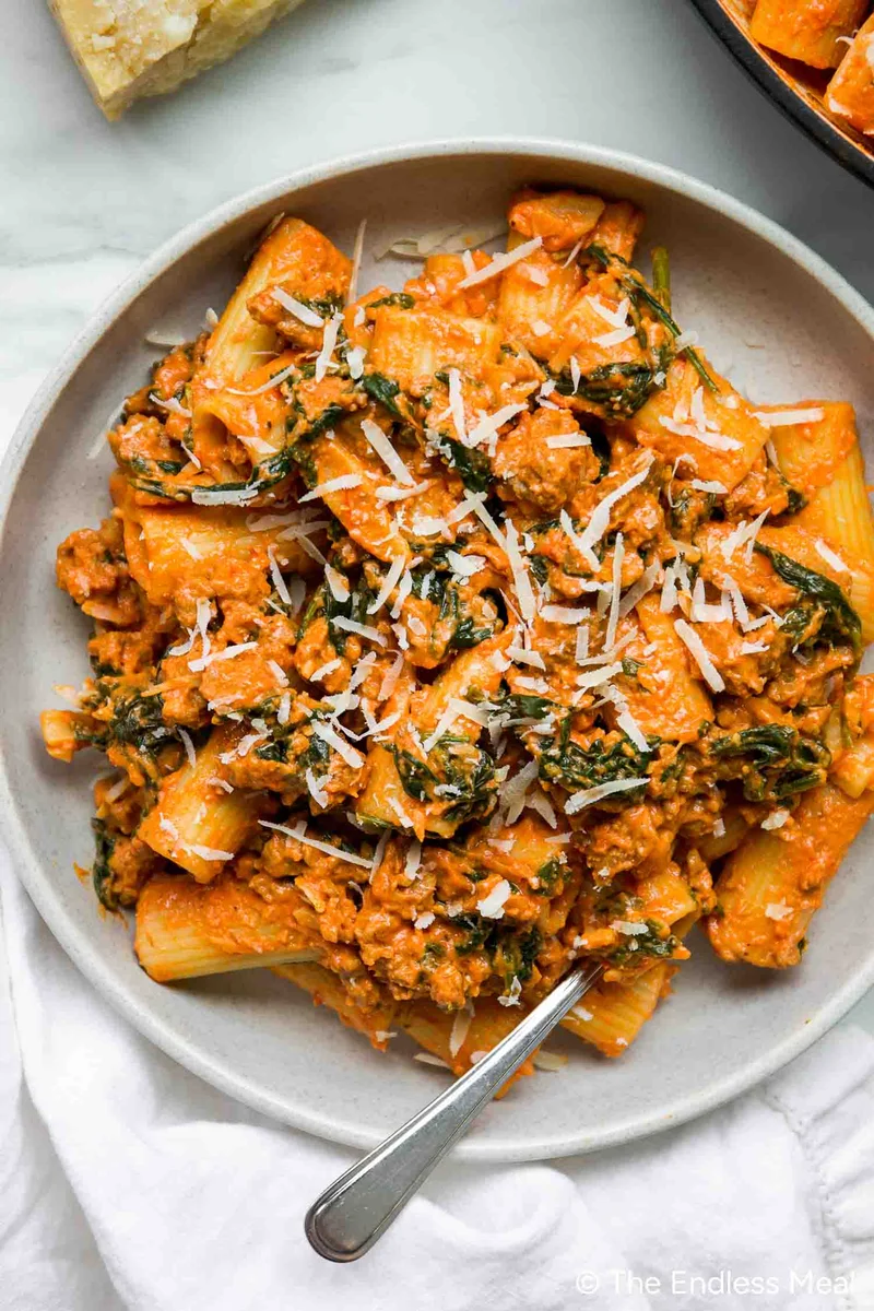 Goat Cheese Tomato Pasta with Chorizo and Spinach