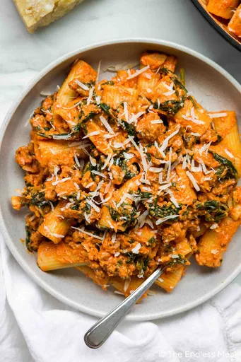 Goat Cheese Tomato Pasta with Chorizo and Spinach