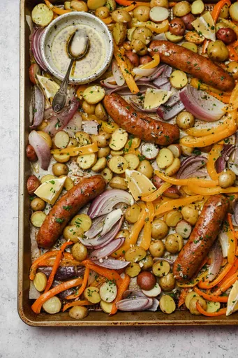Sheet Pan Sausage with Potatoes, Peppers, & Onions