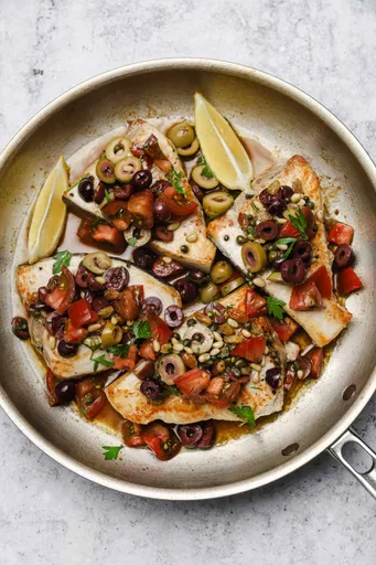 Pan-Seared Sicilian Swordfish with Salty-Sweet Olive Relish