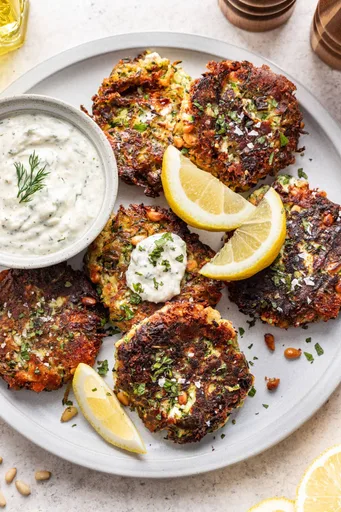 Zucchini Fritters with Feta & Pine Nuts