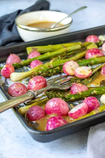 Roasted Radishes and Asparagus with Maple Mustard Dressing