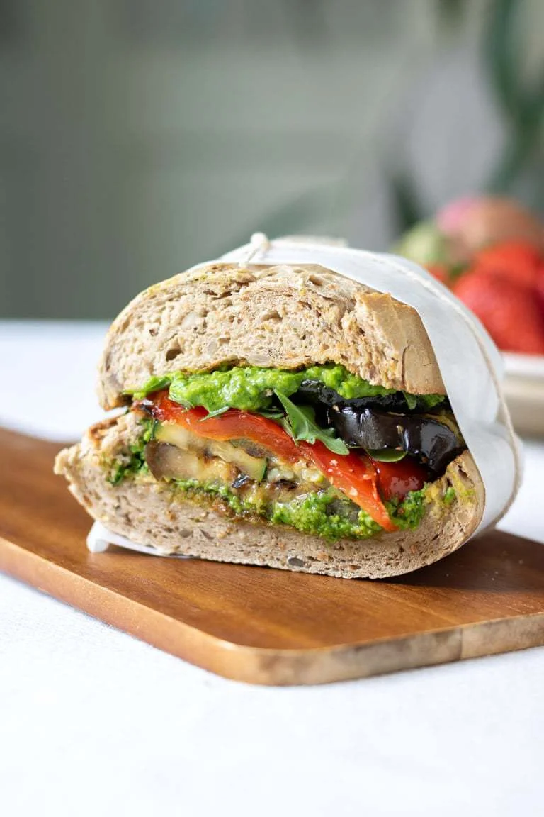 Roasted Vegetable Sandwich with Pea Pesto