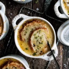 Onion Dijon Soup with Pretzel Roll Croutons