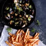 Moules Frites with Black Garlic Broth