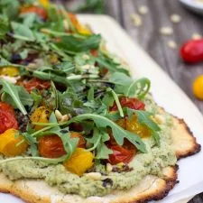 Basil & Roasted Garlic Ricotta Pizza with Roasted Cherry Tomatoes, Arugula & Baslamic Reduction {gf+v}