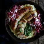 Chicken Sausages with Spicy Cheddar Polenta & Radicchio Pear Slaw
